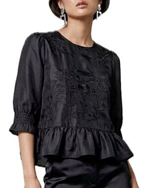 ZARA Black Peplum Ruffle Hem Top Womens Size XS Embroidered Rose Floral Blouse